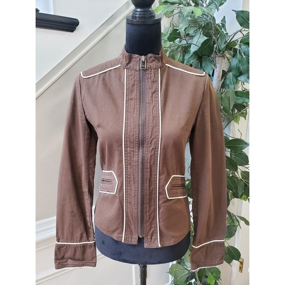 Women's Brown Canvas 100% Cotton White Edging Trims Full Zip Jacket Size Medium - Picture 14 of 14
